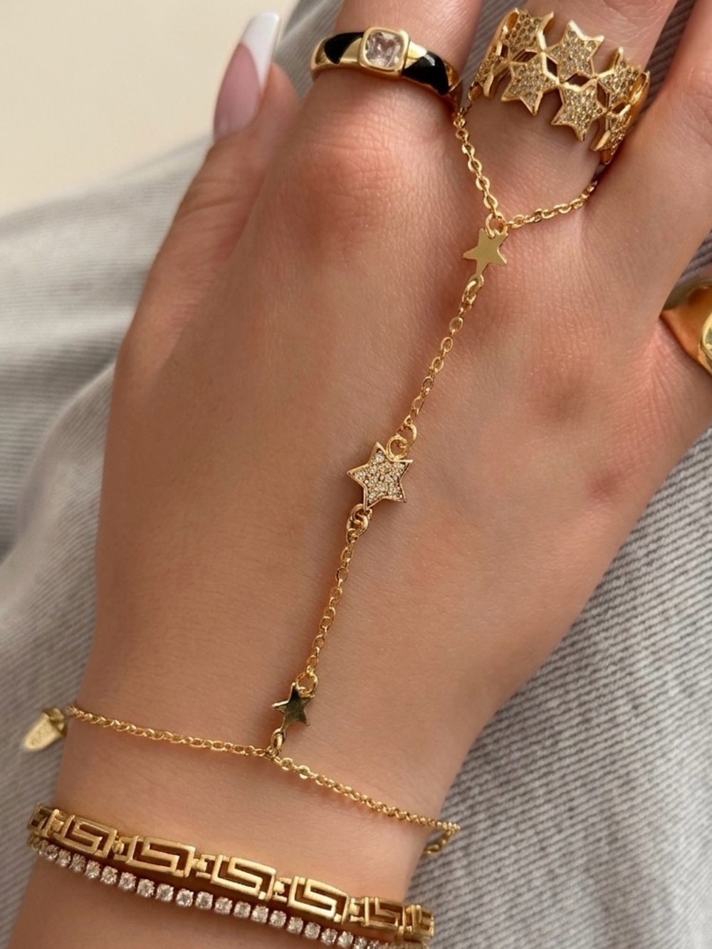 3/$40! 14K Gold Plated Star Hand Chain Zirconia Dainty Celestial Slave Bracelet
